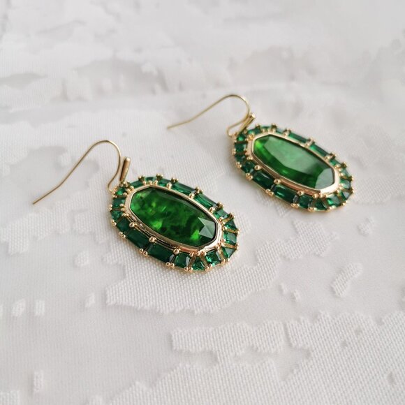 Kendra Scott Elle Gold Crystal Frame Earrings Kelly Green - Picture 3 of 3